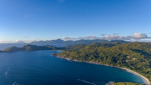 Aerial of Anse Takamaka beach Mahe Seychelles